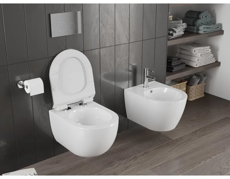 Mexen Carmen, závesná WC misa 490x365x340 mm, Rimless Tornádo + WC sedadlo z duroplastu, biela lesklá, 30880100T
