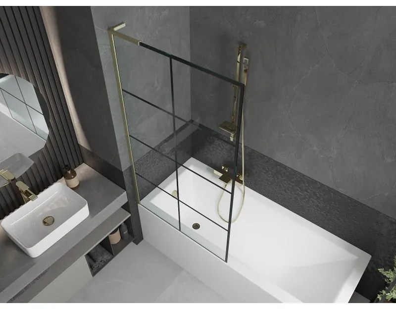 Mexen Next L, 1-krídlová vaňová zástena 90 x 150 cm, 6mm číre sklo-čierny vzor, zlatý matný profil, 895-090-000-03-77-55