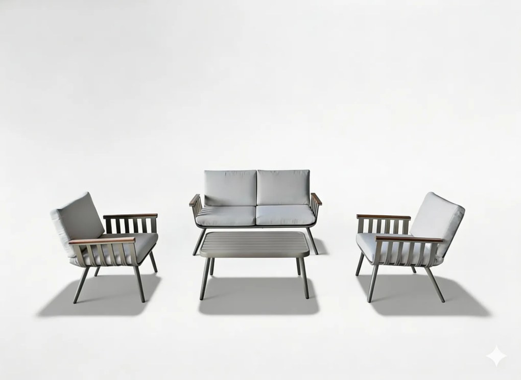 Garden Line SÚPRAVA HLINÍKOVÉHO NÁBYTKU (SOFA + 2 KRESLÁ + STÔL) BEŽOVÁ + BEŽOVÉ VANKÚŠE *9408