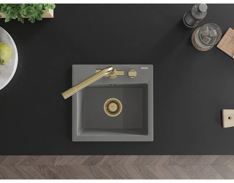 Mexen Milo, granitový drez 435x410x171 mm, 1-komorový a zlatá batéria Duero, šedá, 6505-71-671600-50