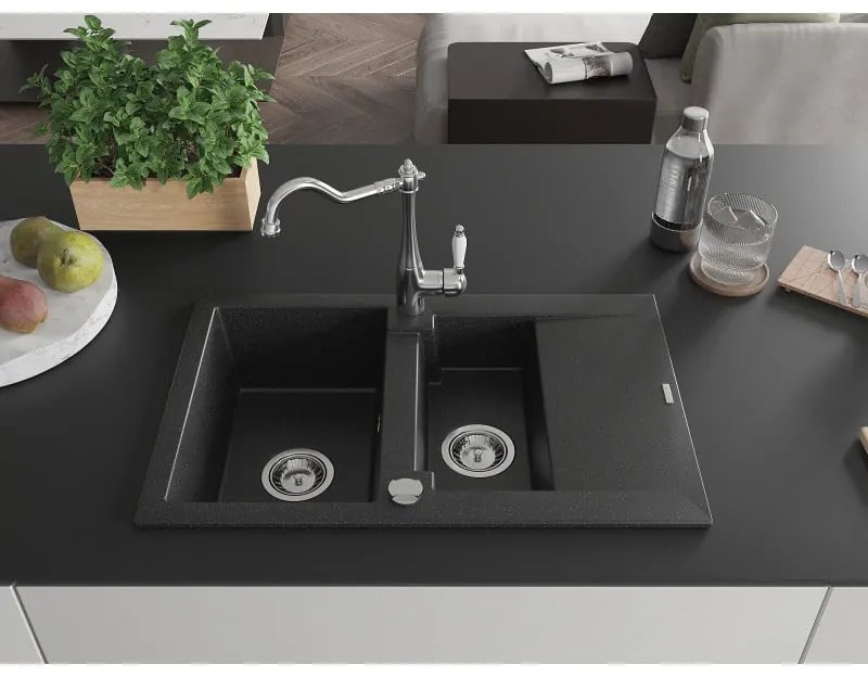 Mexen Gaspar, granitový drez 752x436x161 mm, 1,5-komorový a drezová batéria Carla, čierna-strieborná metalíza, 6507-73-670700-00
