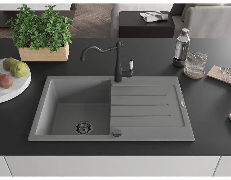 Mexen Bruno, granitový drez 795x495x200 mm, 1-komorový a drezová batéria Carla, šedá, 6513-71-670700-70-B