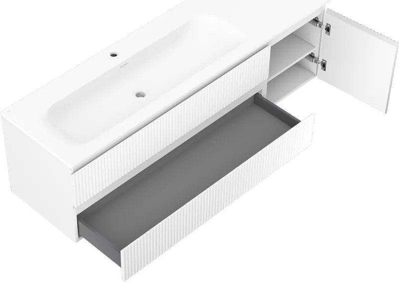 Mexen Rivel, kúpeľňová skrinka 160 cm s ľavým umývadlom Vela, 2S, 1D, drážkovaná, biela matná, 91A23-16047-3-BBFFF01-W23L01