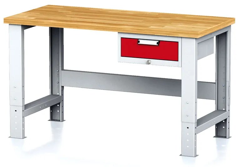 Alfa 3 Nastaviteľný dielenský stôl MECHANIC I, závesný box na náradie, 1 zásuvka, 1500x685x700-1055 mm, červené dvere