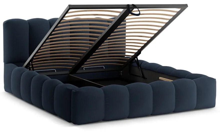 Tmavomodrá čalúnená dvojlôžková posteľ s úložným priestorom s roštom 180x200 cm Lupine – Micadoni
