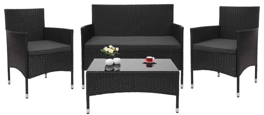 Záhradná súprava 2 kresiel, pohovky a stolíka HWC-F55 - čierna, vankúše tmavosivá
