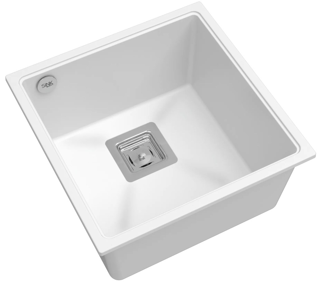 Sink Quality Argon 50, kuchynský granitový drez 420x420x225 mm + chrómový sifón, biela, SKQ-ARG.W.1KBO.50.X