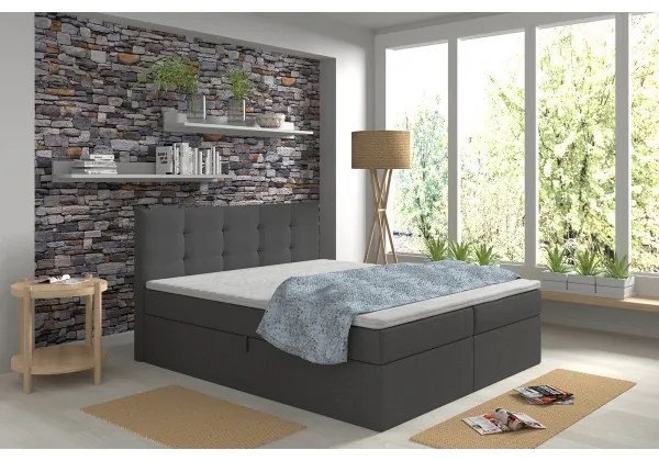 Čalúnená posteľ EMBER 160x200 cm s matracmi, topperom a úložným priestorom, antracit