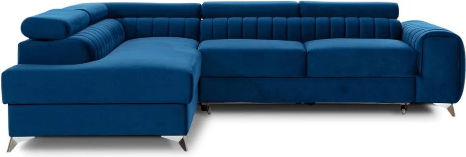 Modrá zamatová rozkladacia/s úložným priestorom rohová pohovka (ľavý roh/do L) Laurence – ELTAP