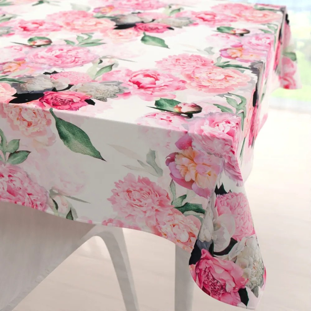 Biante Zamatový štvorcový obrus Tamara TMR-037 Ružové pivonky na bielom 130x130 cm