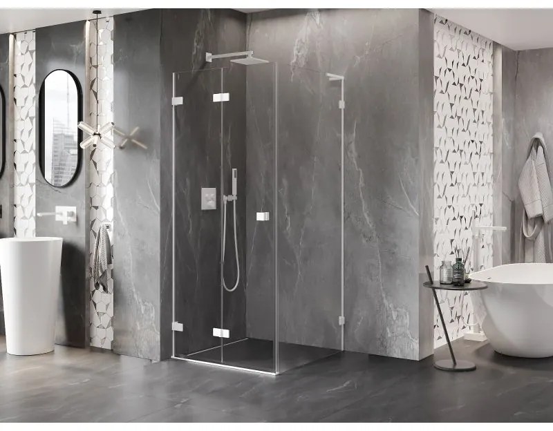 Mexen Lunar-F L, skladací sprchový kút ľavý 80 x 80 cm, 8mm číre sklo, biely profil, 836L-080-080-20-00-L