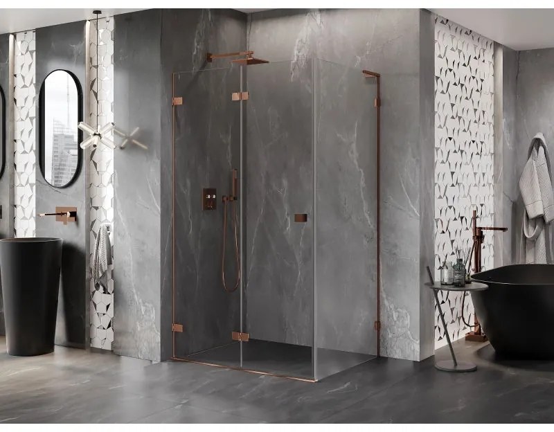 Mexen Lunar-F L, 1-krídlový sprchový kút so skladacími dverami, ľavý, 95 x 70 cm, 8mm číre sklo, ružové zlato profil, 836L-095-070-60-00-L