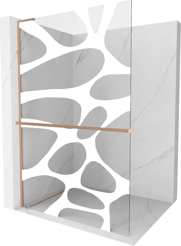 Mexen Kioto+ L, sprchová zástena Walk-In s poličkou a vešiakom 70 x 200 cm, 8mm číre sklo biely vzor, medený matný profil, 800-070-123-65-97
