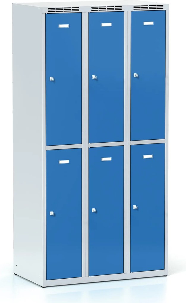 Kovová šatníková skrinka S6 s úložnými boxami, 6 boxov, 1800 x 900 x 500 mm, otočný zámok, modré dvere