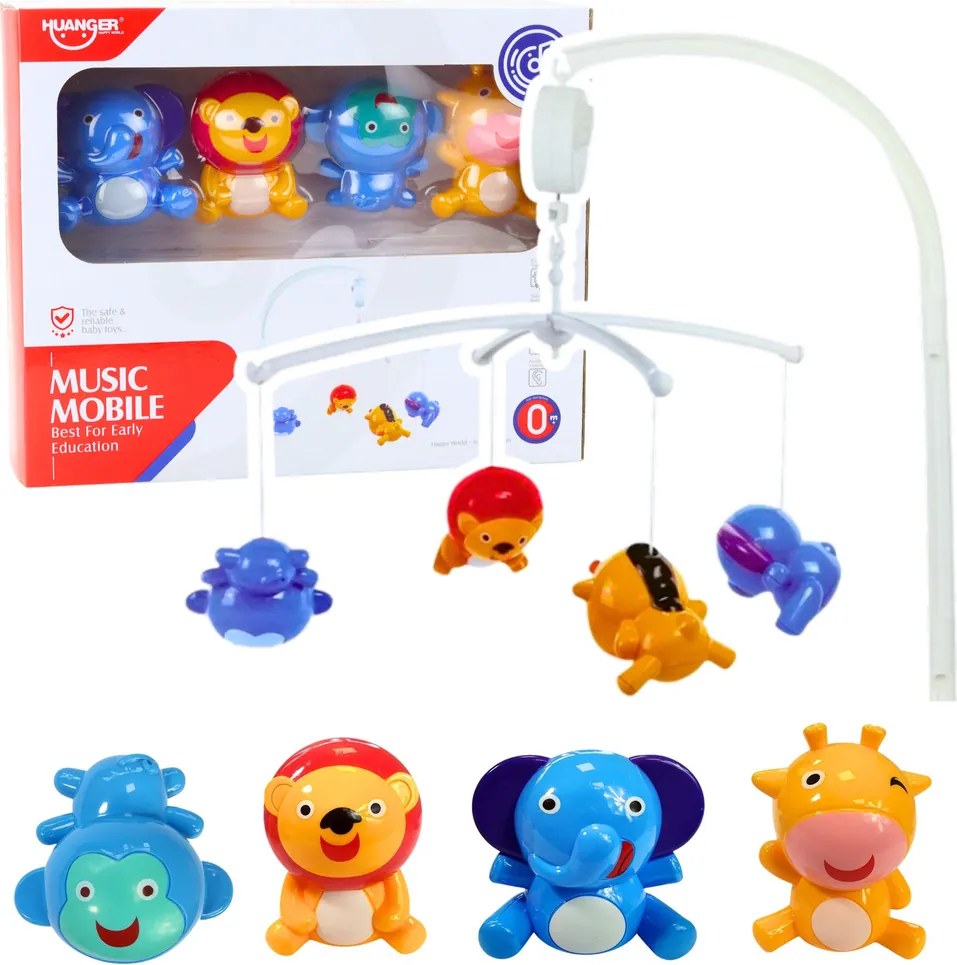 LEAN Toys Kolotoč na posteľ Zvieratá Lev Slon Žirafa Zvuk