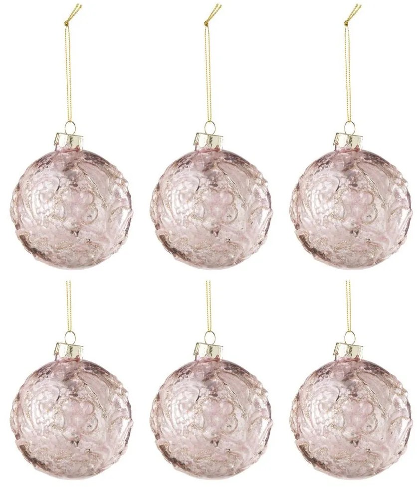 6ks ružová vianočná sklenená ozdoba s ružami a trblietkami S - Ø 8 cm