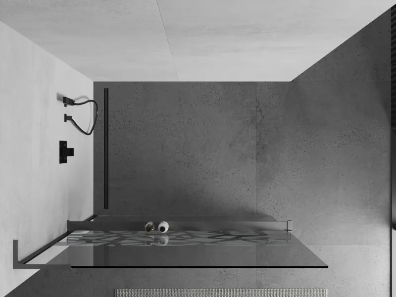 Mexen Kioto+ L, sprchová zástena Walk-In s poličkou a vešiakom 120 x 200 cm, 8mm číre sklo biely vzor, grafitový profil, 800-120-123-95-85