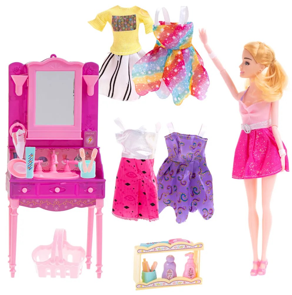 KIK Bábika Fashionista s toaletným stolíkom a oblečením na prezliekanie