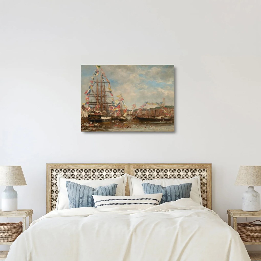 Sklenený obraz - Eugène Boudin, Festival in the Harbor of Honfleur, reprodukcia (70x50 cm)