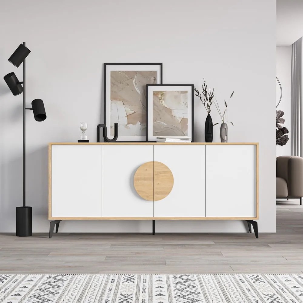 Nízka komoda v dekore duba v bielo-prírodnej farbe 180x82 cm Vae – Marckeric