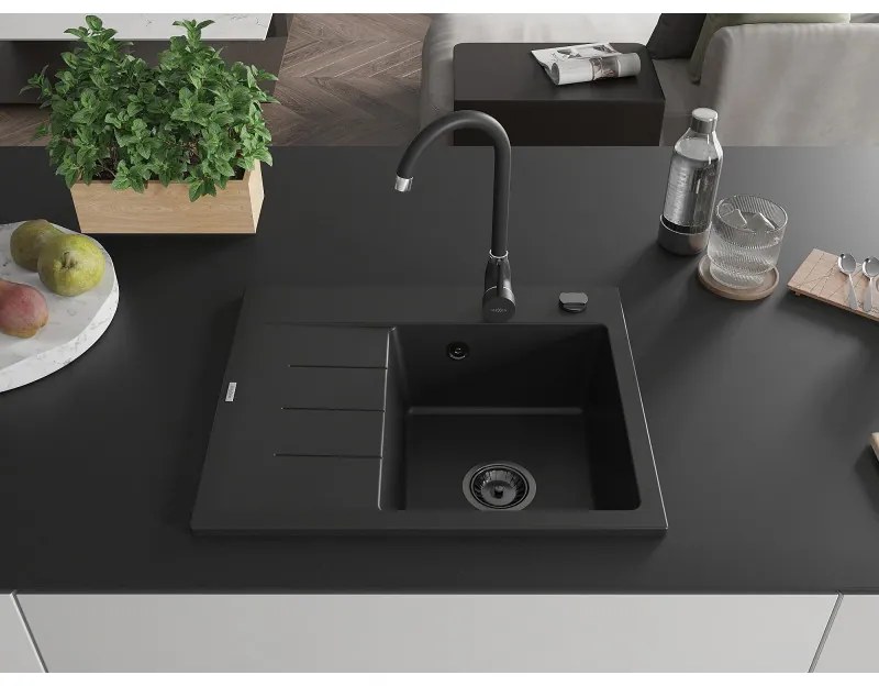 Mexen Ben, 1-komorový granitový drez 600x500x190 mm, pravý + čierny sifón, čierna, 6523605000-77-B