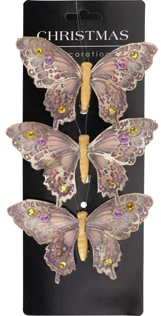 Set vianočných ozdôb Motýle, zlatá, 12x8x2 cm, s klipom, SET 3 KS
