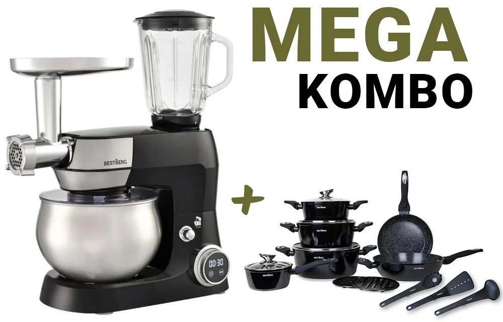 MEGAKOMBO Multifunkčný kuchynský robot BestBerg BBR-1900B + 15dielna sada riadu s mramorovým povrchom BestBerg BBN-1015A / čierna