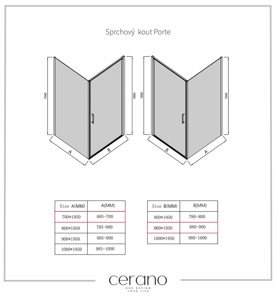 Cerano Porte, 1-krídlový sprchovací kút 90x70 cm, 8mm číre sklo, čierny profil, CER-CER-413573