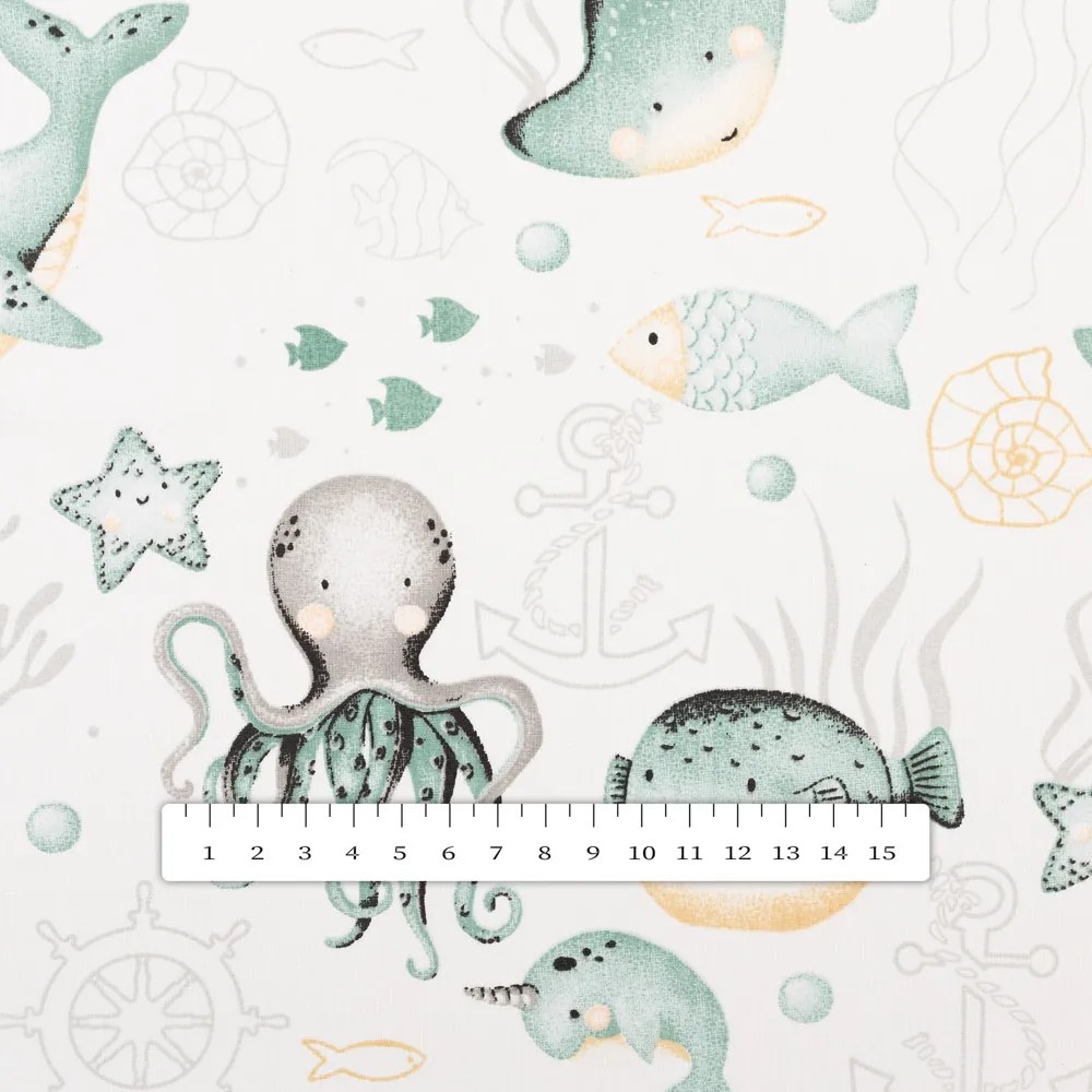 Biante Detský bavlnený behúň na stôl Sandra SA-688 Morský svet zelený na bielom 45x140 cm