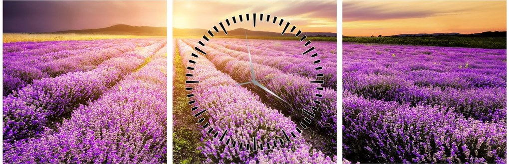 Obraz - Východ slnka v levanduľovom poli (s hodinami) (90x30 cm)