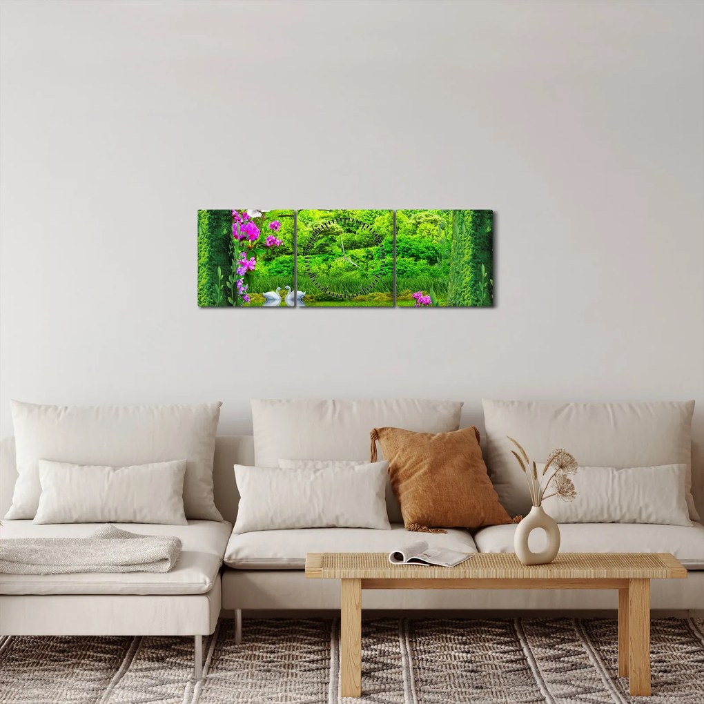Obraz - Čarovná záhrada s labuťami (s hodinami) (90x30 cm)