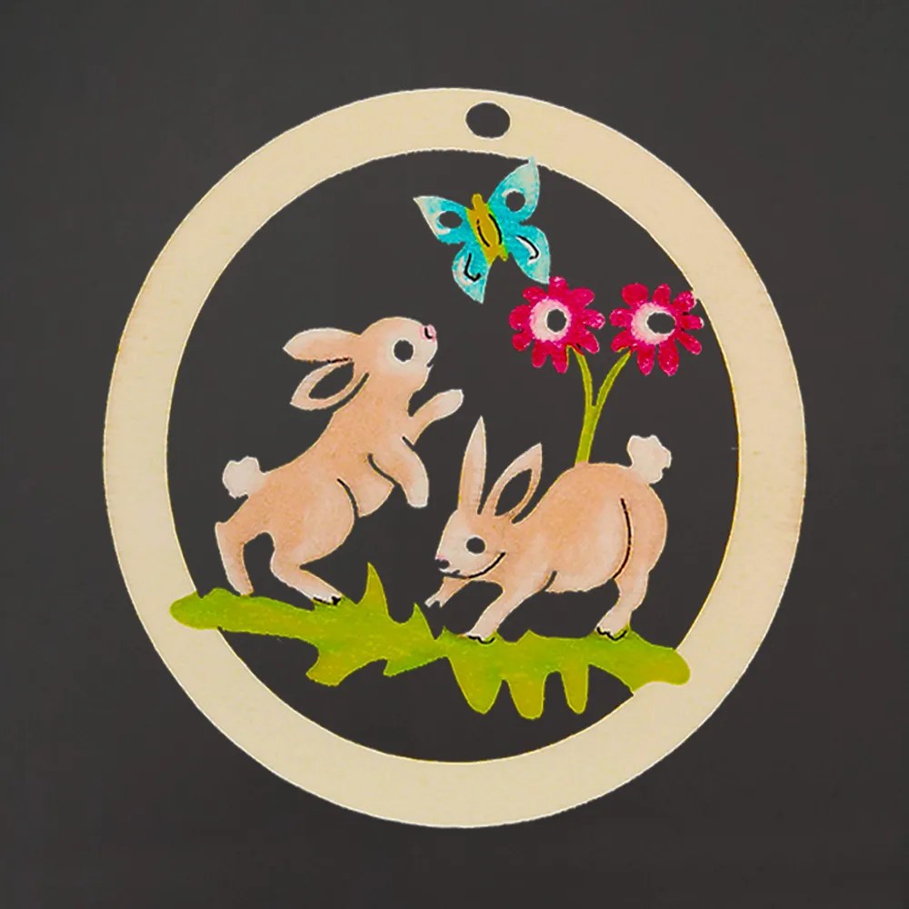 AMADEA Drevená ozdoba farebná okrúhla zajaca 8 cm, český výrobok