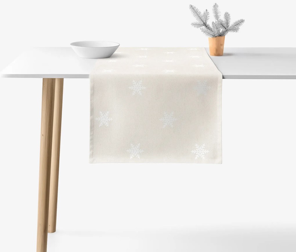 Goldea behúň na stôl natura – snehové vločky na režnej 35x120 cm