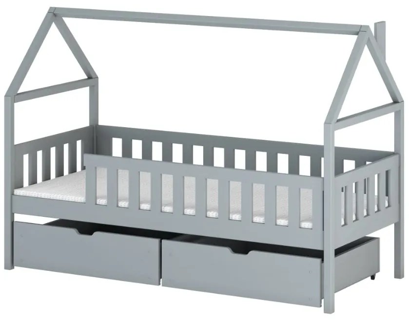 Detská domčeková posteľ z masívu borovice DIANA so šuplíkmi - 200x90 cm - ŠEDÁ