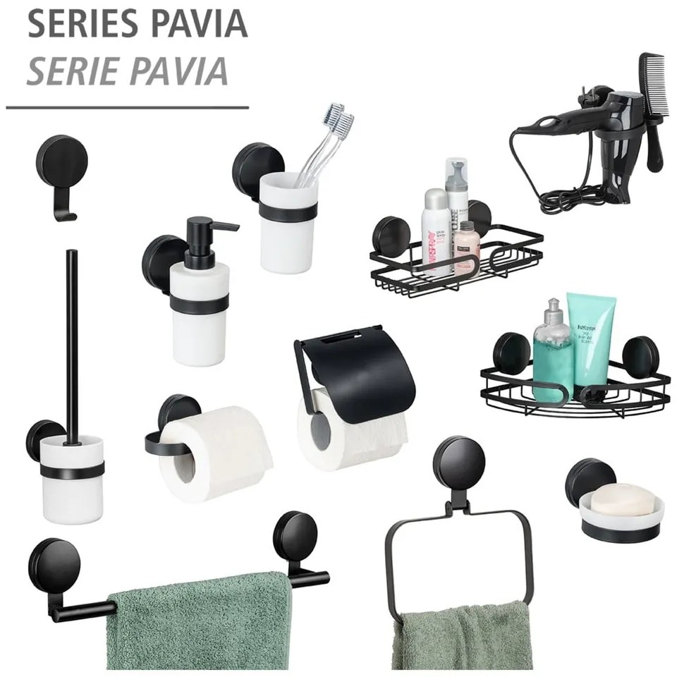 Čierna rohová polica do kúpeľne Wenko Static-Loc® Pavia, šírka 27 cm