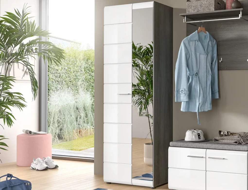 Predsieňová skriňa so zrkadlom Salsa, šedý dub/biely lesk