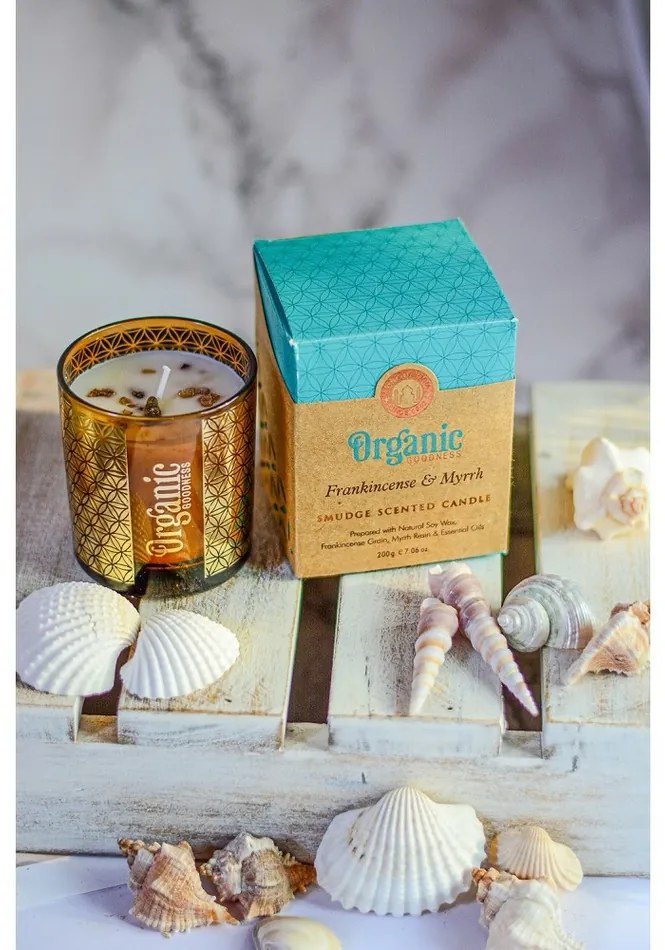 Organická vykurovacia sviečka Frankincense & Myrrh 200 g v skle so zlatou fóliou