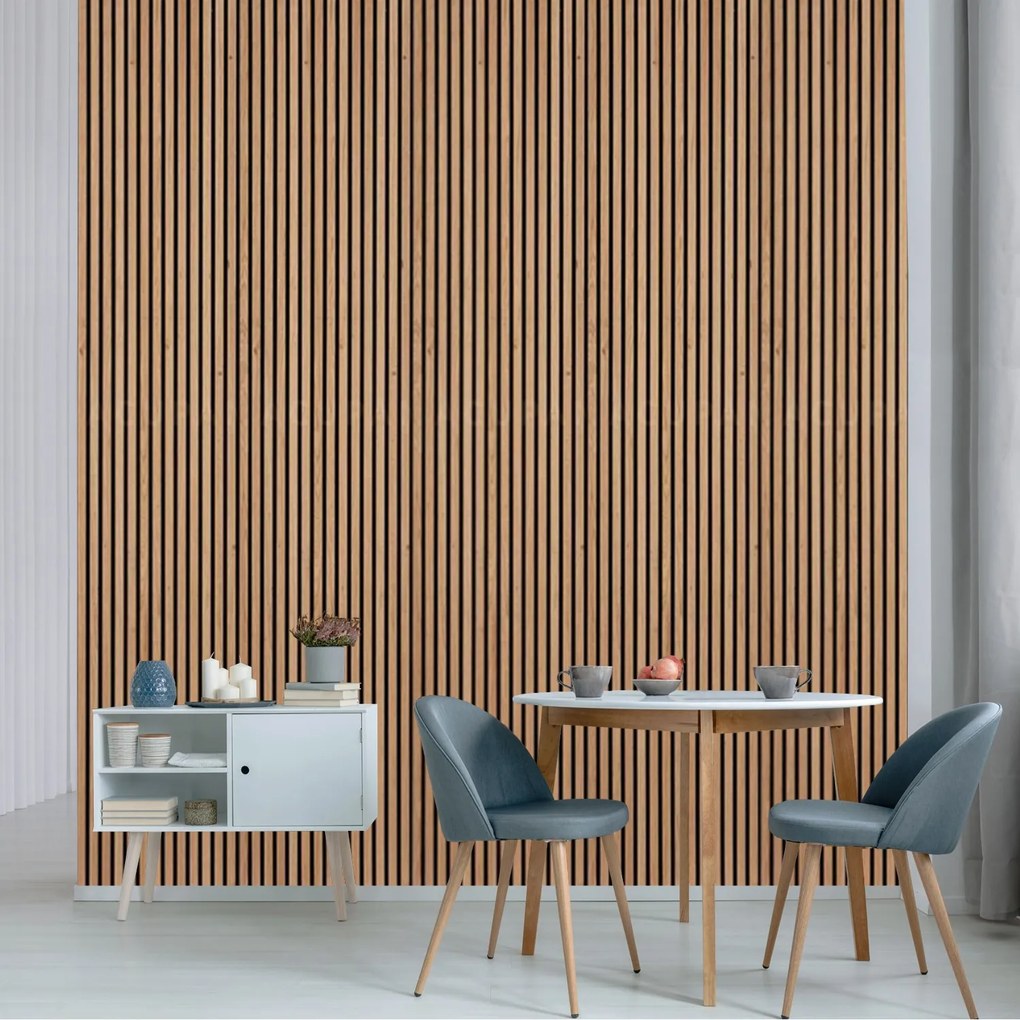 Drevený akustický panel, 2400 x 600 mm, čierny podklad, balenie 5 ks, dub sonoma