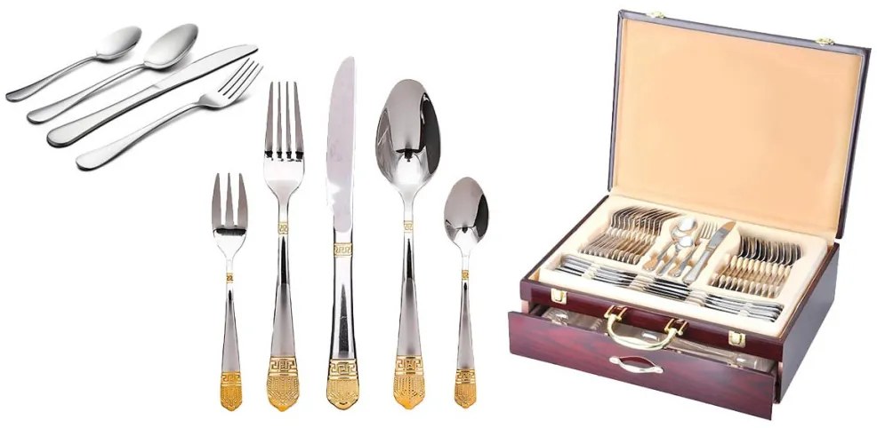 84 dielna sada príborov, rôzne farby, strieborno- zlatá