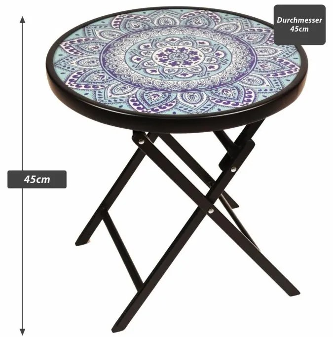 Záhradný bistro stolík, skladací, Ø 45 cm, modrý/vzorovaný