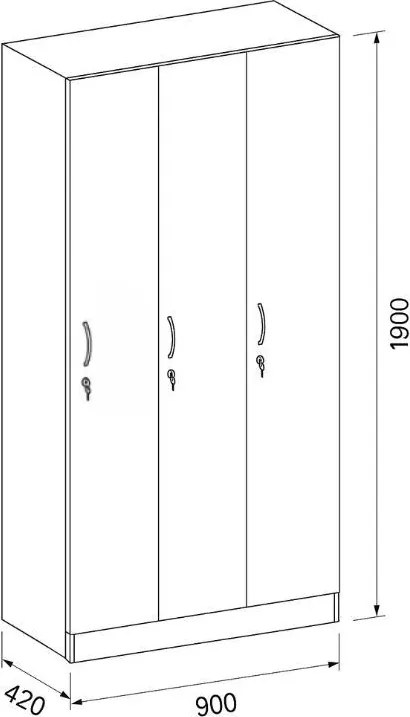 Drevená šatníková skrinka S5, 3 oddiely, 1900 x 900 x 420 mm, cylindrický zámok, buk