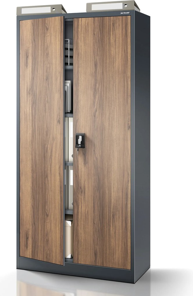 Vysoká kovová kancelárska skriňa na dokumenty, antracitová/orech, 900x1950x400 mm: JAN H Eco Design