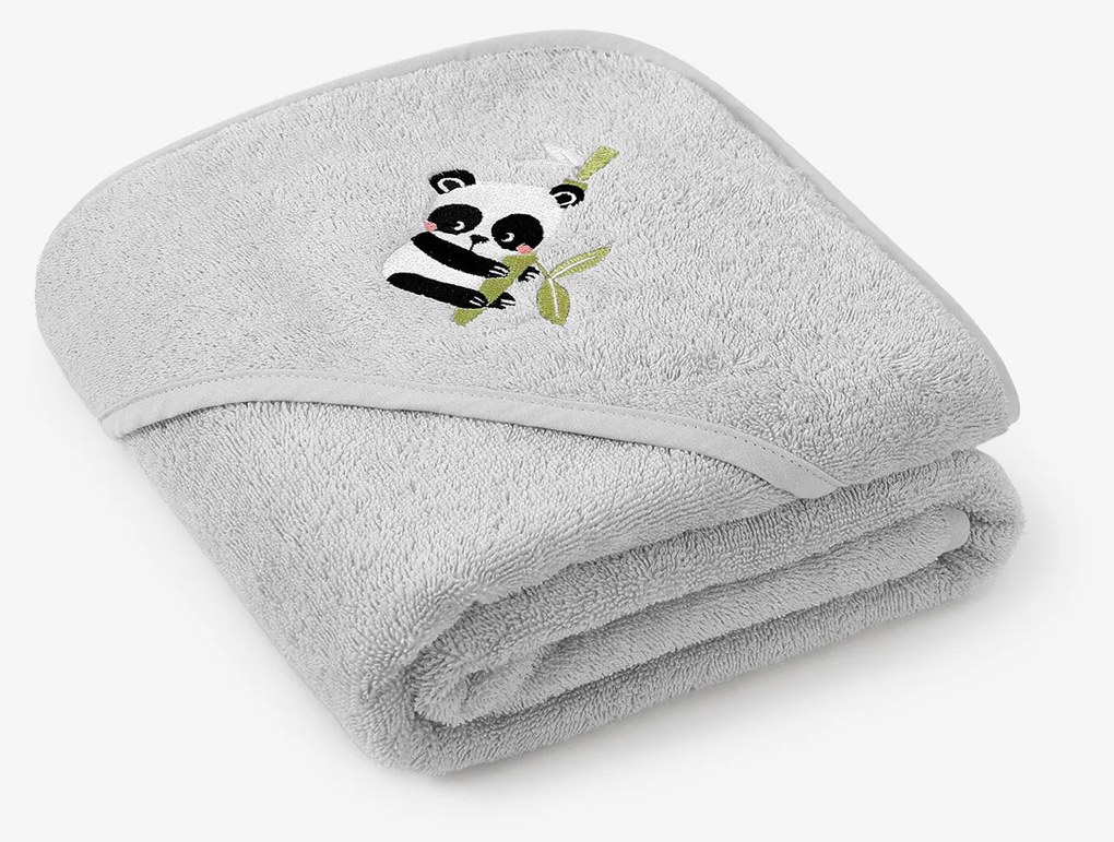 Goldea detská froté osuška s kapucňou - panda na svetlo sivej 100 x 100 cm