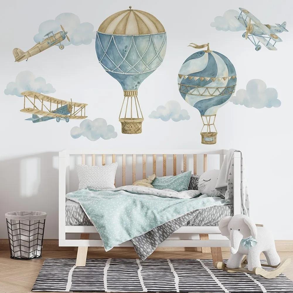 Gario Detská nálepka na stenu Retro balloons and airplanes - tri lietadlá, dva balóny a mraky