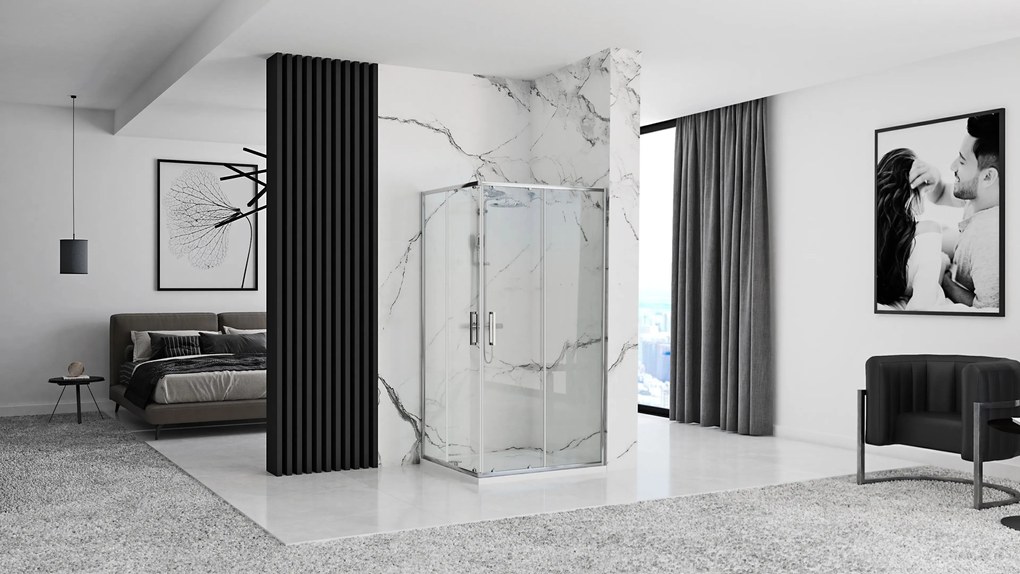 Rea Punto, sprchovací kút 90x90x190 cm, 5mm číre sklo, chrómový profil + čierna sprchová vanička Savoy, KPL-K1008