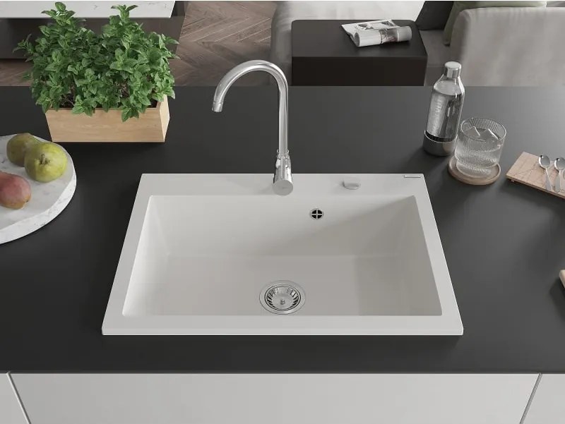 Mexen Elix granitový kuchynský drez 1-komorový 700 x 500 mm, biely, sifón chróm - 6526701005-20