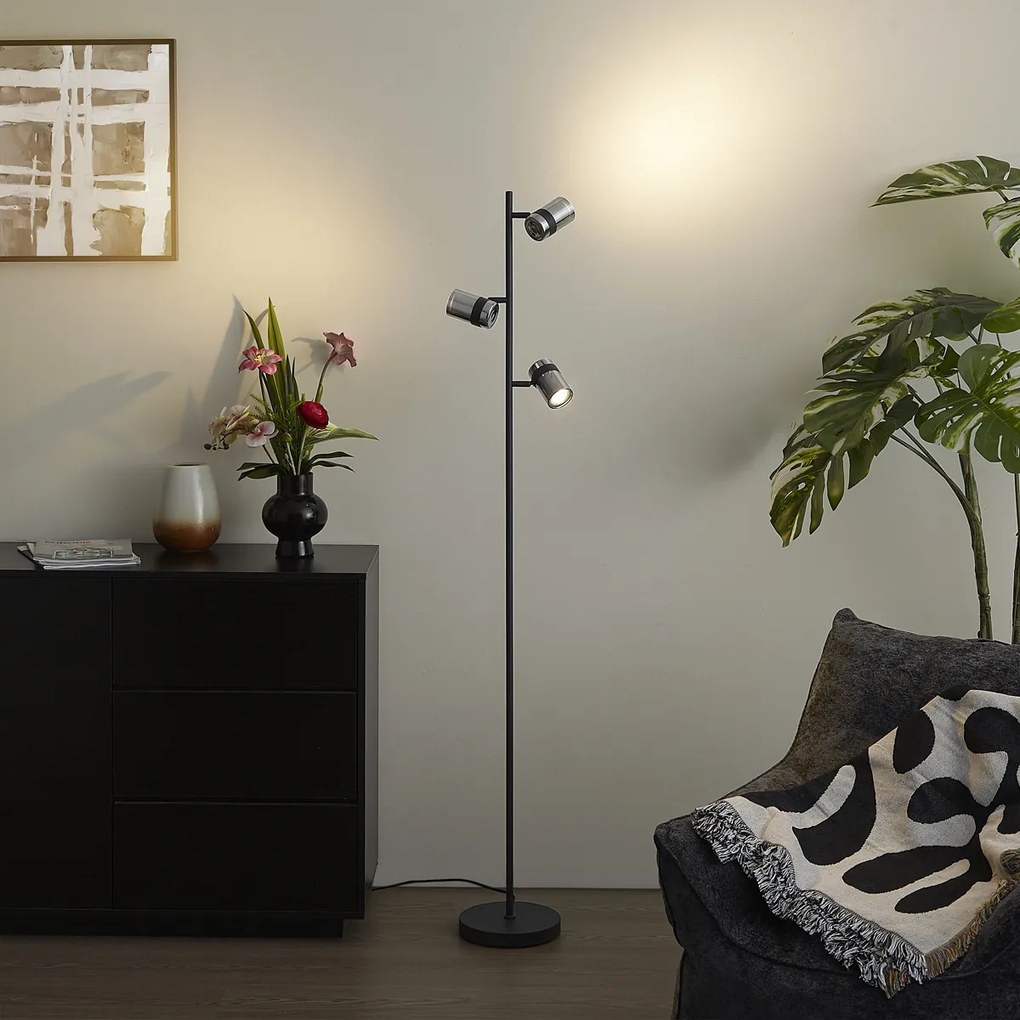 Moderná stojaca lampa čierna s dymovým sklom 3-svetlá otočná a naklápacia - Gianni