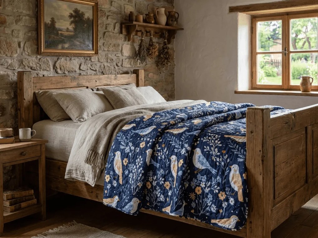 Prehoz na posteľ DENIM BIRDS, modrý Rozmer: 170 x 210 cm
