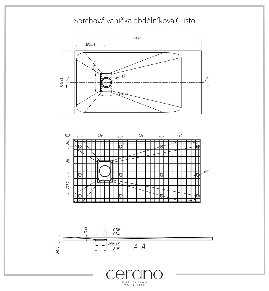 Cerano Gusto, obdĺžniková sprchová vanička 140x70x3 cm z minerálneho kompozitu, biela, CER-CER-419504