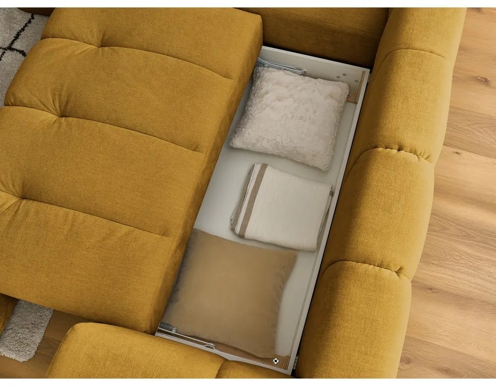 Rozkladacia/s úložným priestorom rohová pohovka v horčicovej farbe (ľavý roh/do L) Fuji – Bobochic Paris